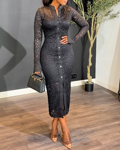 ChicMeLive Women's Stand Collar Floral Lace Mid-length Dress Long Sleeve Button Down Bodycon Dress with Cami Lining Set