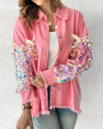 Contrast Sequin Long Sleeve Jacket Top Button Front Raw Hem Loose Fit Shacket