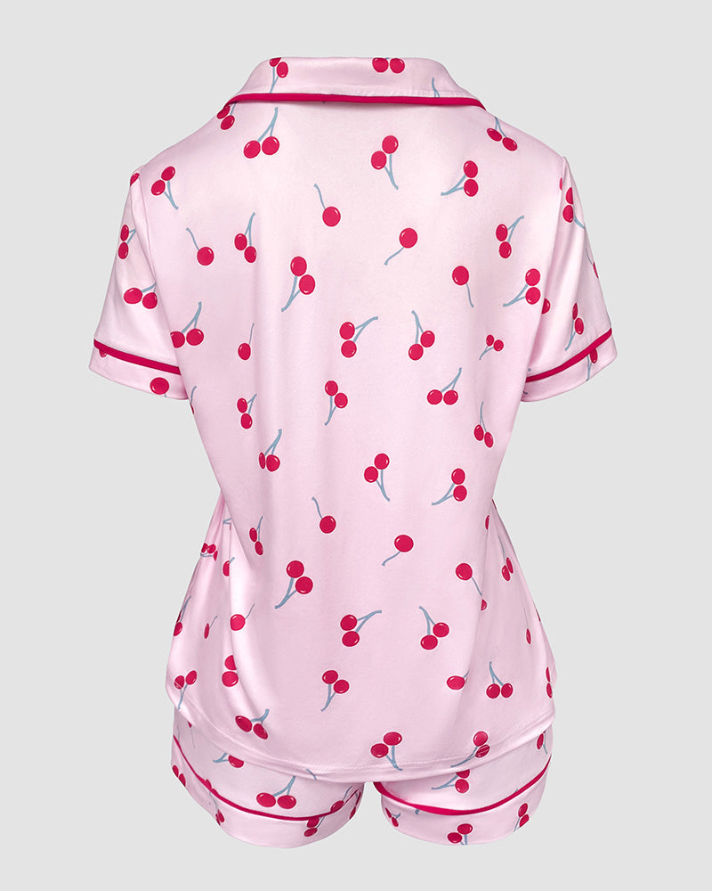 2 Pieces Outfit Notched Collar Short Sleeve Button Front Top and Elastic Waist Shorts Set Casual Cherry Print Contrast Piping Pajamas Set