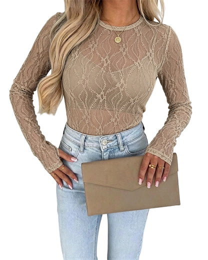 CHICMELIVE Lace Top Sheer Mesh Fitted Shirts for Women with Thumb Holes