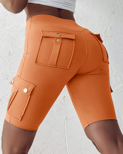 Tummy Control Butt Lifting Active Shorts High Waist Flap Pocket Workout Bermuda Cargo Running Shorts