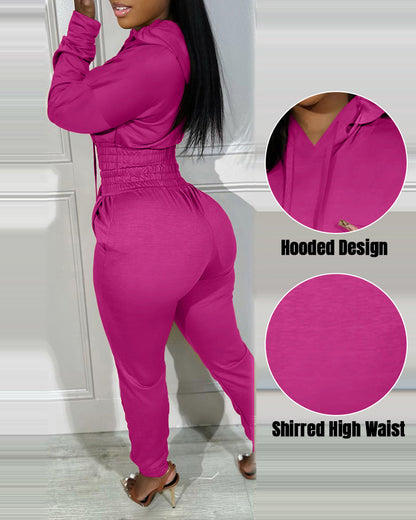 2 Pieces Outfit Drop Shoulder Kangaroo Pocket Stretchy Hem Crop Drawstring Hoodie Sweatshirt and Drawstring Elastic Waist Jogger Sweatpants Casual Tracksuit