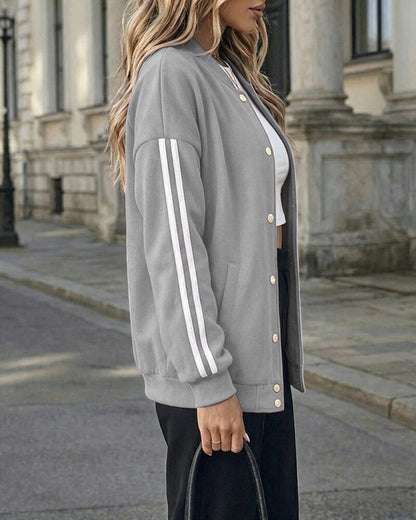 Women's Varsity Jacket Contrast Side Striped Loose Baseball Jacket Button Up Bomber Jacket