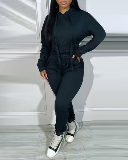 2 Pieces Outfit Drop Shoulder Kangaroo Pocket Stretchy Hem Crop Drawstring Hoodie Sweatshirt and Drawstring Elastic Waist Jogger Sweatpants Casual Tracksuit