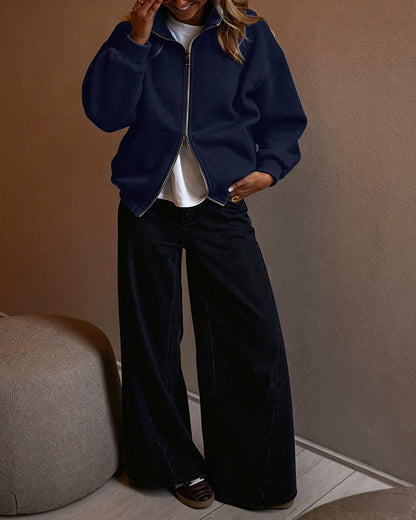 Women's Two-Way Zipper Front Stretchy Hem Coat Stand Collar Drop Shoulder Sweatshirt with Pockets