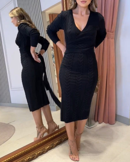 Cable Textured Overlap Deep V-Neck Long Sleeve Mid-Length Dress Tie Waist Slim Fit Knit Dress