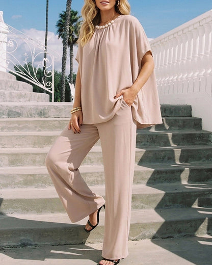2 Pieces Outfit Elegant Pearl Embellished Split Sleeve Top and Casual Wide Leg Pants Set