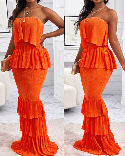 Layered Ruffle Shirred Slim Fit Strapless Dress Textured Maxi Party Dress
