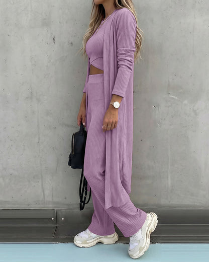 CHICMELIVE Women's 3 Piece Lounge Set Ribbed Cardigan Tank Wide Leg Pant