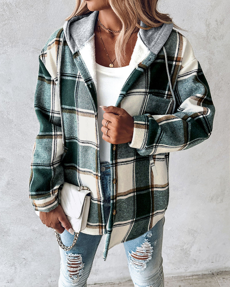 CHICMELIVE Womens Casual Jacket Plaid Hooded Fleece Lined Shacket