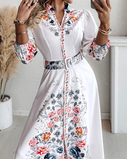 Floral Print V Neck Three Quarters Tied Detail Blouse Dress Casual A Line Slim Fit Maxi Dress