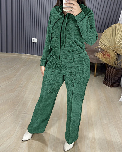 2 Pieces Outfit Long Sleeve Zip Up Drawstring Hoodie Coat and Casual Elastic Waist Seam Front Wide Leg Pants Set