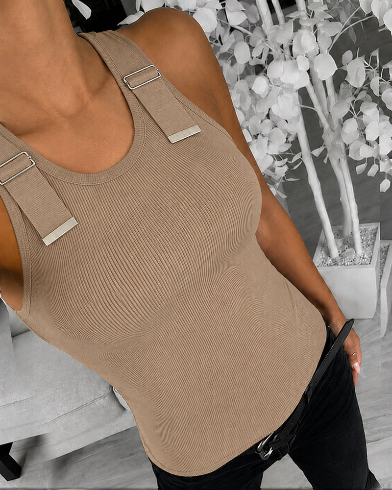CHICMELIVE Women's Buckle Decor Ribbed Tank Tops Cami Shirts