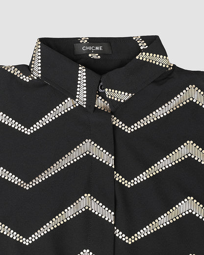 Bronzing Chevron Print Turn-down Collar Tied Detail Shirt Dress