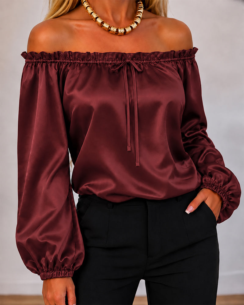 CHICMELIVE Off Shoulder Satin Tops Women Ruffle Tie Front Blouse