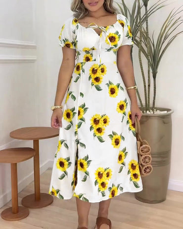 Women's Sunflower Print Midi Dress Puff Sleeve Tie Neck Sundress Shirred Back Slit A-Line Vacation Dress with Lining