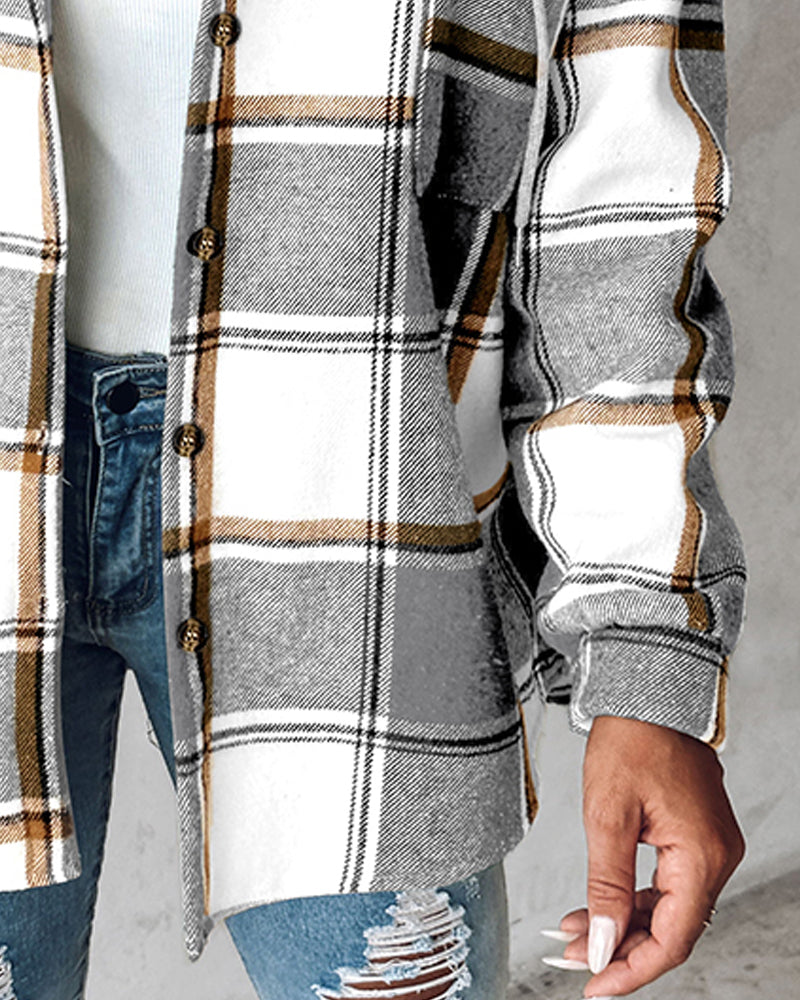 Plaid Pattern Long Sleeve Shacket Button Down Fleece Lined Hooded Jackets Warm Coat
