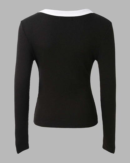 CHICMELIVE Women's Ribbed Long Sleeve Shirts Contrast Crewneck Fitted Basic Tee