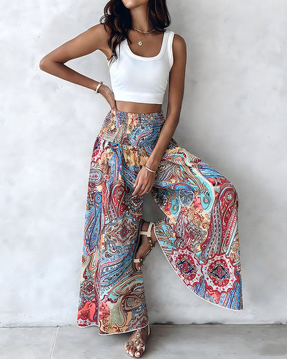 CHICME Women's Vintage Print Wide Leg Pants High Waisted Shirred Waist A-Line Trousers Flowy Boho Vacation Palazzo Pants