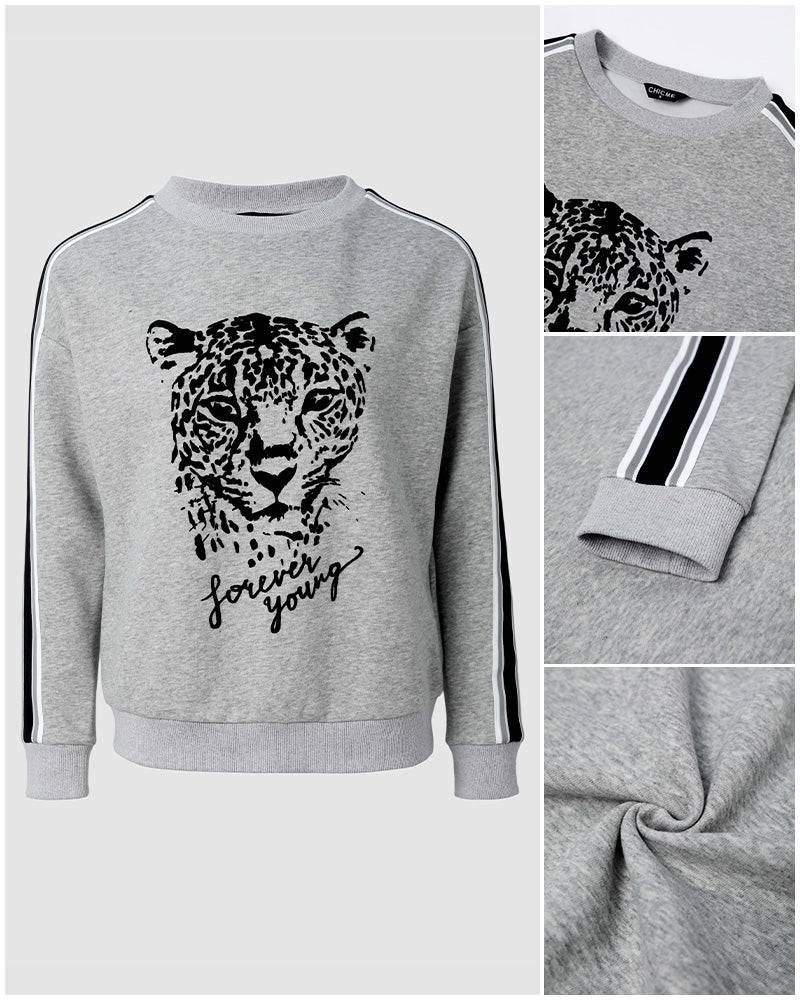 CHICMELIVE Women's Leopard Graphic Sweatshirt Crewneck Stripe Pullover Tops