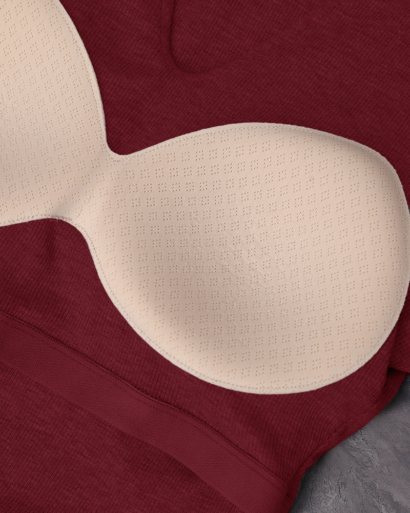 ChicMe Built-in Bra Notch Neck Long Sleeve Shirts Rib-Knit Ruched Waist Top