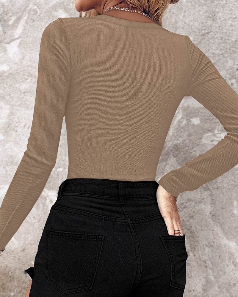 Rhinestone Decor Keyhole Neck Hollow Water Drop Ribbed Top Long Sleeve Slim Fit Layering Top