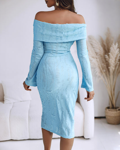 Off Shoulder Long Sleeve Hollow Out Knit Dress Casual Slim Fit Midi Sweater Dress