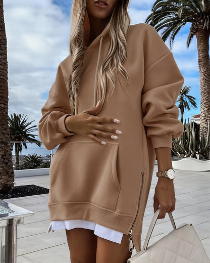 Long Sleeve Pocket Design Pullover Sweatshirt Casual Faux Two Piece Longline Drawstring Hooded Top