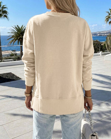 Women's Loose Crewneck Sweatshirt Embossed Letter Print Pullover Top Casual Side Slit Top