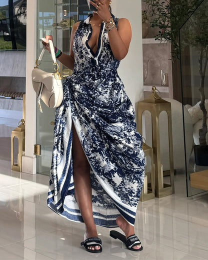 Vintage Ink Print Turn-down Collar Sleeveless Butto Front Maxi Dress Casual Zipper Back Tie Waist Side High Slit Vacation Dress with Belt