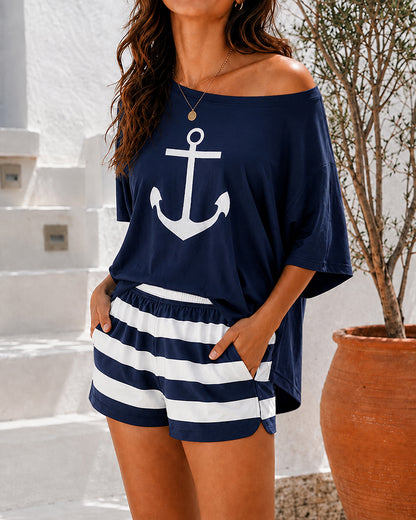 Women's Loungewear Set Anchor Print Side Slit Top and Striped Shorts Set Casual Pajamas Set with Pockets
