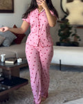 2 Pieces Outfit Strawberry Print Stand Collar Short Sleeve T-shirt and Pants Pajamas Set