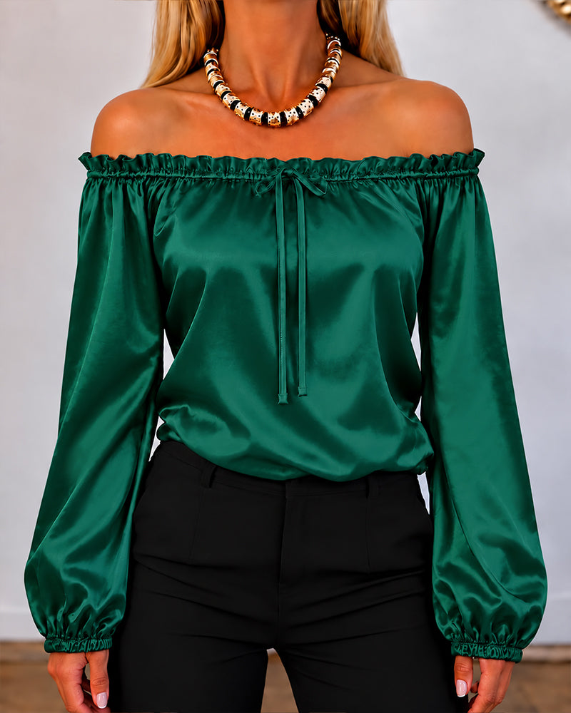 CHICMELIVE Off Shoulder Satin Tops Women Ruffle Tie Front Blouse