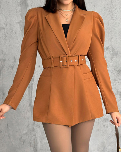 Notched Collar Puff Sleeve 2-in-1 Blazer Romper with Detachable Belt