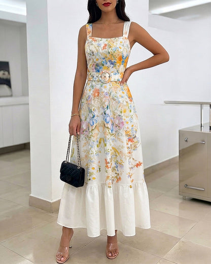 Women's Floral Maxi Dress Square Neck Sleeveless Ruffle Hem Sundress Backless Shirred Summer Vacation Dress with Belt