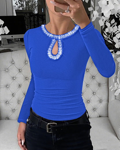 Rhinestone Decor Keyhole Neck Hollow Water Drop Ribbed Top Long Sleeve Slim Fit Layering Top