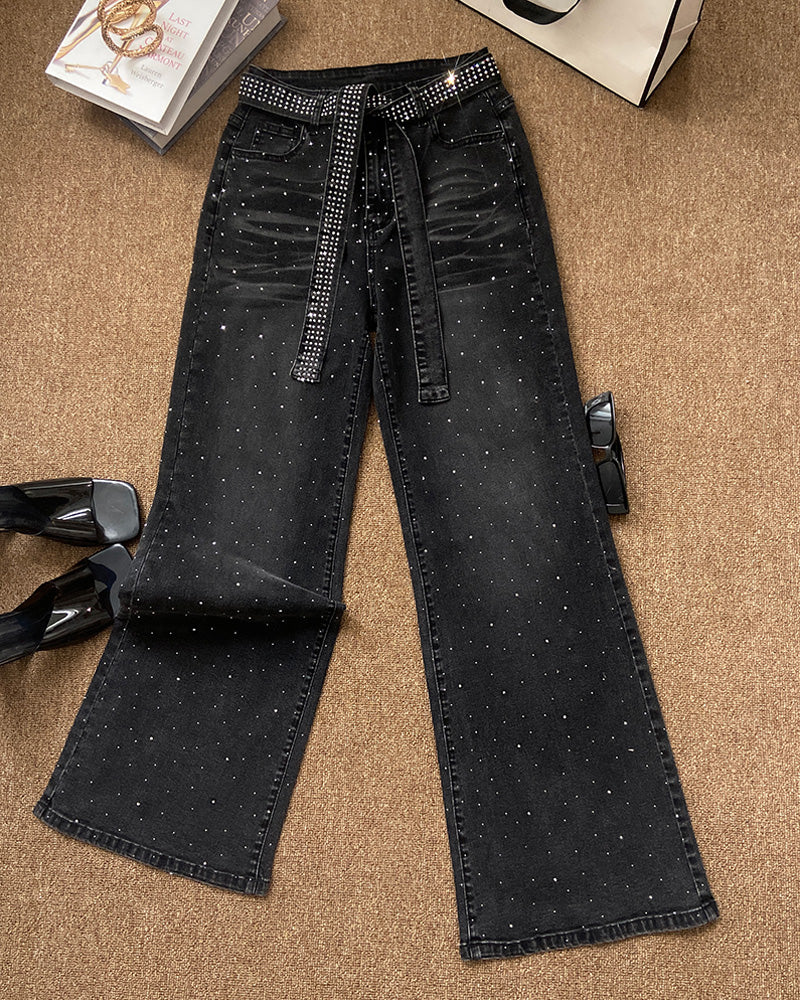 CHICMELIVE High Waisted Wide Leg Jeans for Women Rhinestone Embellished Denim Pants with Matching Sparkle Belt