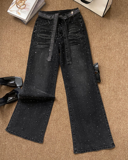 CHICMELIVE High Waisted Wide Leg Jeans for Women Rhinestone Embellished Denim Pants with Matching Sparkle Belt