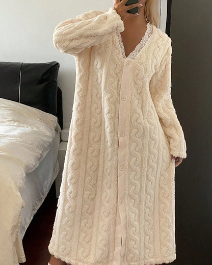 Stylish Contrast Lace V Neck Night Dress Casual Long Sleeve Weaving Knit Coral Sleepwear