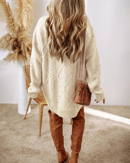Round Neck Long Sleeve Drop Shoulder Pullover Sweater Casual Loose Fit Cable Knit Mid-length Sweater