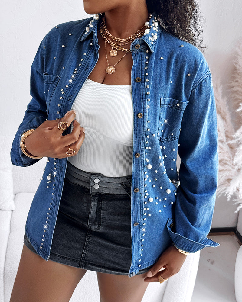 Pearls & Rhinestone Decor Turn-down Collar Button Front Denim Shirt Coat Casual Top