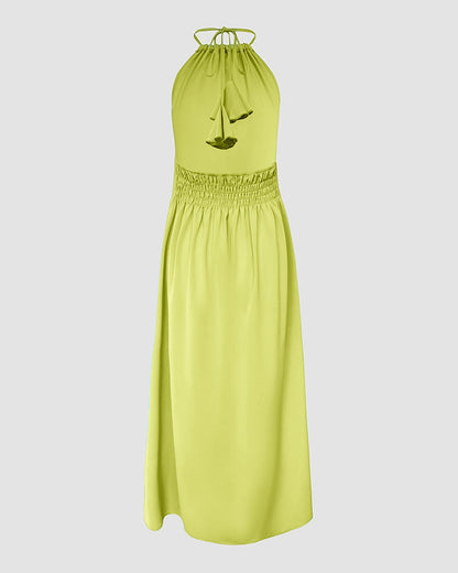 Halter Sleeveless Backless Maxi Dress Casual Shirred Back Side Slit Vacation Dress