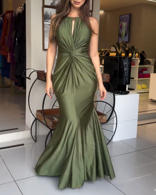 Satin Sleeveless Hollow-out Twist Front Evening Dress Tied Detail Backless Zipper Back Mermaid Hem Dress