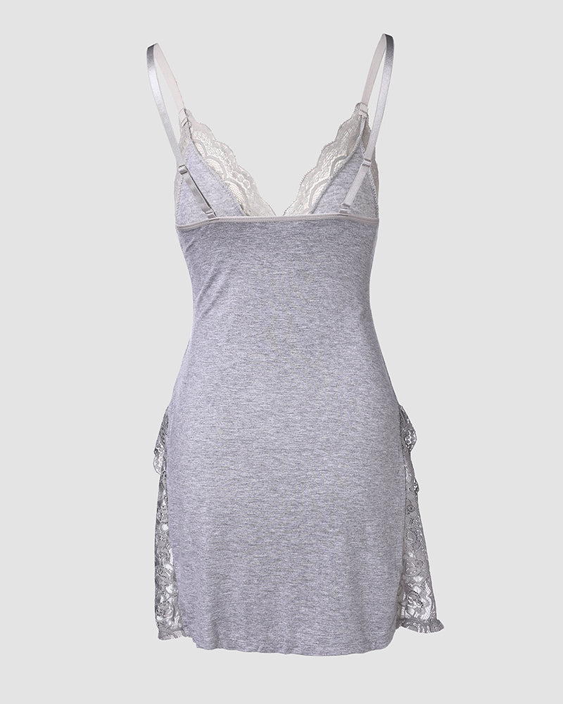 Lace Trim Adjustable straps Side Slit Bowknot Decor Modal Cami Sleep Dress