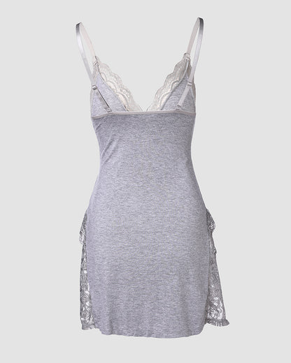 Lace Trim Adjustable straps Side Slit Bowknot Decor Modal Cami Sleep Dress