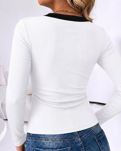 CHICMELIVE Women's Ribbed Long Sleeve Shirts Contrast Crewneck Fitted Basic Tee