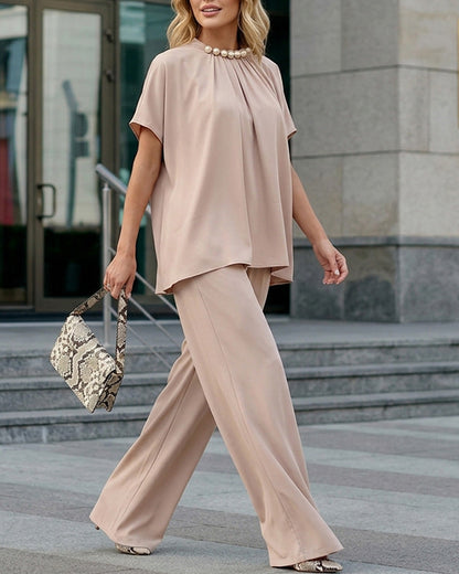 2 Pieces Outfit Elegant Pearl Embellished Split Sleeve Top and Casual Wide Leg Pants Set
