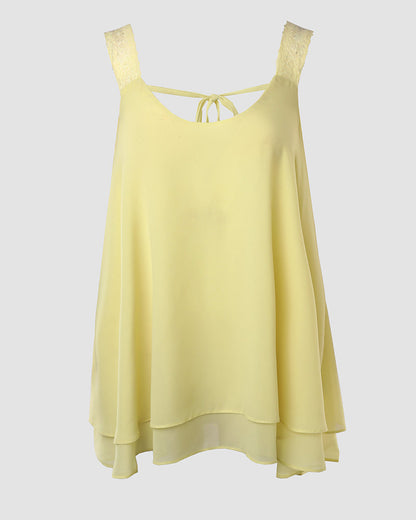 U-Neck Thick Strap Tank Contrast Lace Tied Detail Top