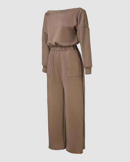 Off Shoulder V-Back Elastic Waist Pockets Design Jumpsuit Casual Drop Shoulder Cinched Waist Wide Leg Jumpsuit