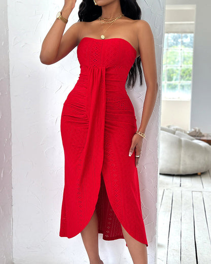 Sleeveless Ruched Cinched Waist Draped Bandeau Dress Eyelet Embroidery Slit Asymmetrical Hem Vacation Dress